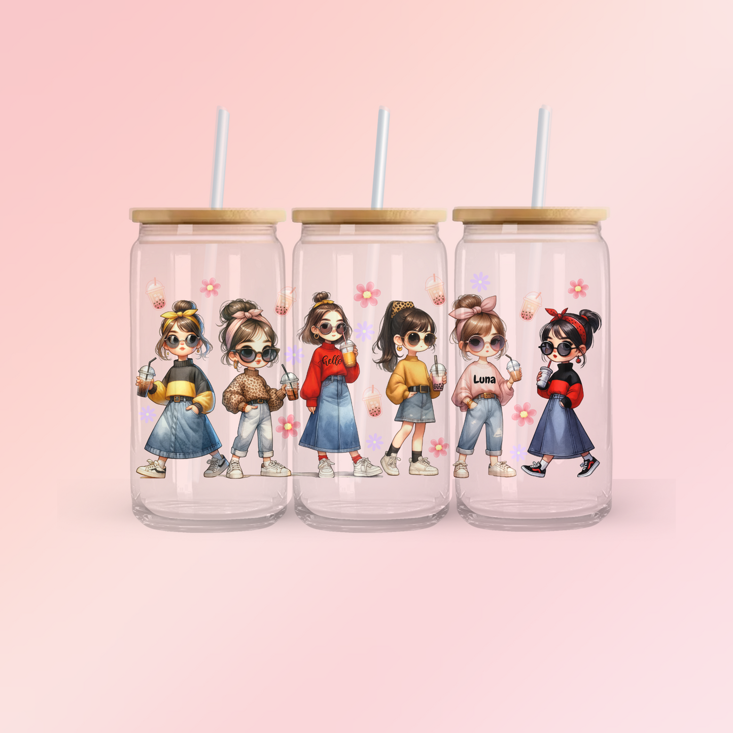 Glass Can  | Iced Coffee Cup | 16 oz  |  Cute Girl